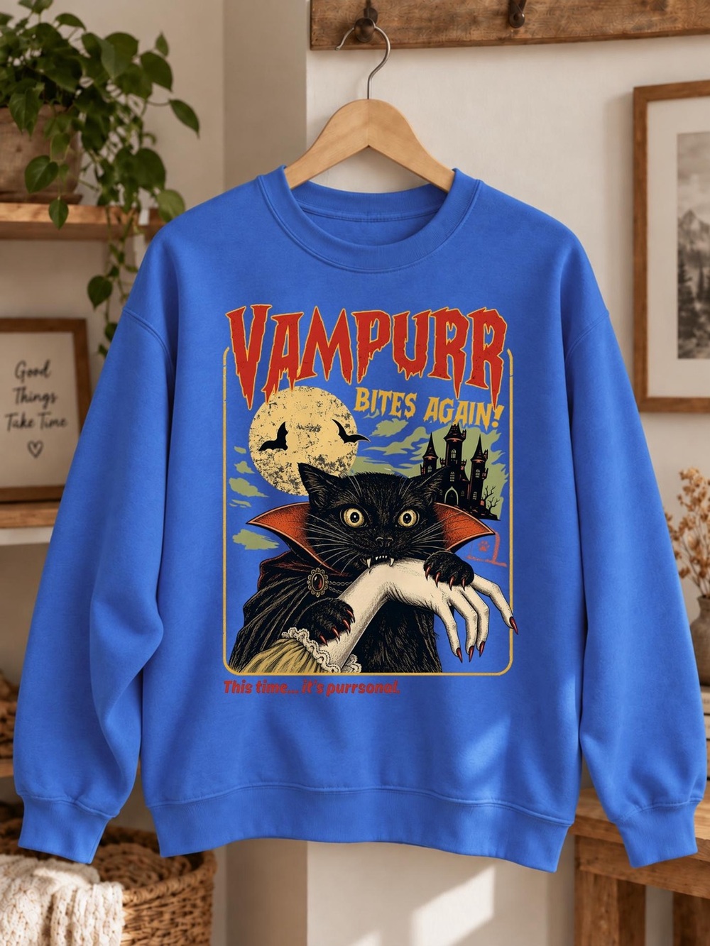 Vampurr Bites Again Royal Blue Graphic Crewneck Sweatshirt